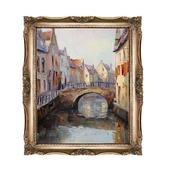 European Canal Town With Stone Bridge Oil Painting Art Poster