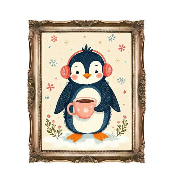 Penguin Wall Art Nursery Decor Cute Animal For Kids Winter With Coffee Playroom