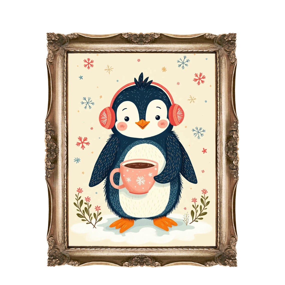 Cute Baby Penguin with Hot Cocoa and Red Earmuffs Winter Poster