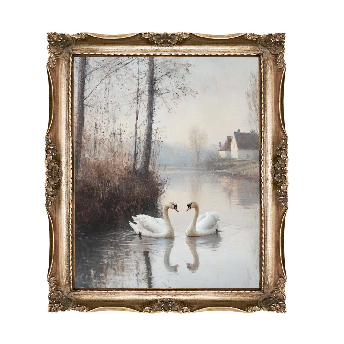 Pair Of White Swans On A Misty Lake With Riverside Cottage Poster