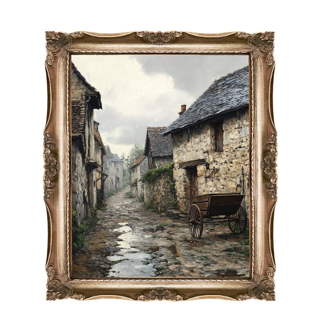 Old European Village Wet Stone Street With Wooden Wagon Art Poster