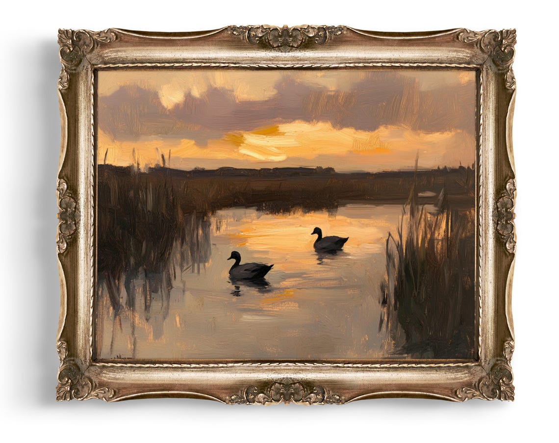 Two Ducks on Golden Sunset Lake Marsh Vintage Nature Art Poster