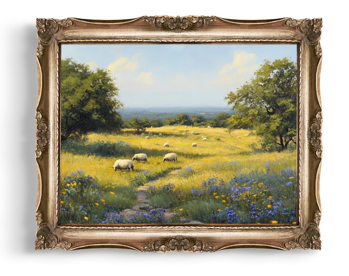 Sheep Grazing in Golden Meadow Blue Wildflowers Pastoral Wall Art