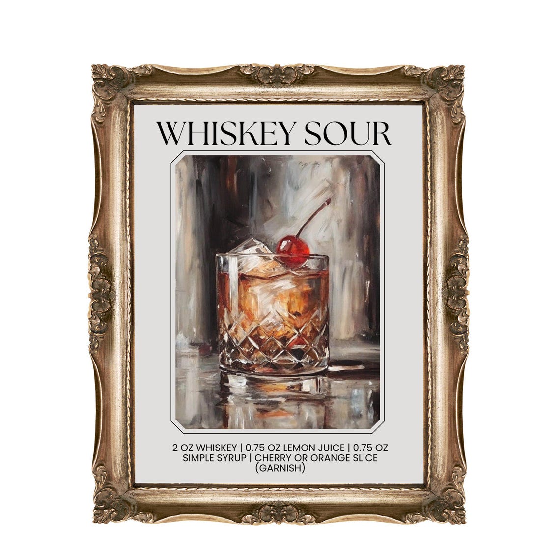 Whiskey Sour Cocktail Recipe Classic Bar Cart Kitchen Wall Poster