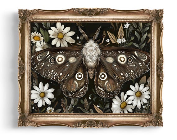 Moth Wall Art Daisy Flower Print Botanical Illustration Insect Nature Home Decor Large Poster Prints