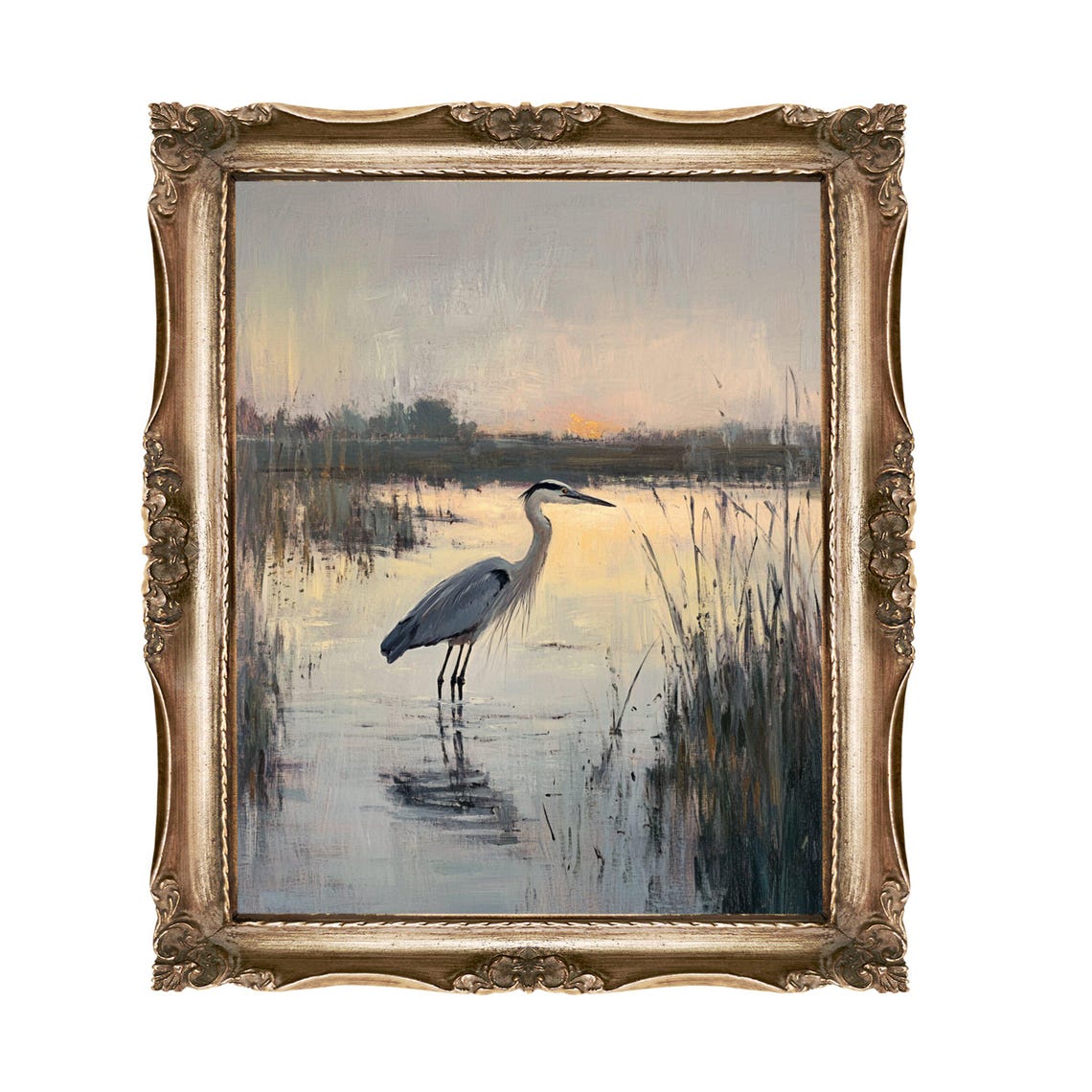 Great Blue Heron In A Marsh At Sunset Wildlife Oil Art Poster