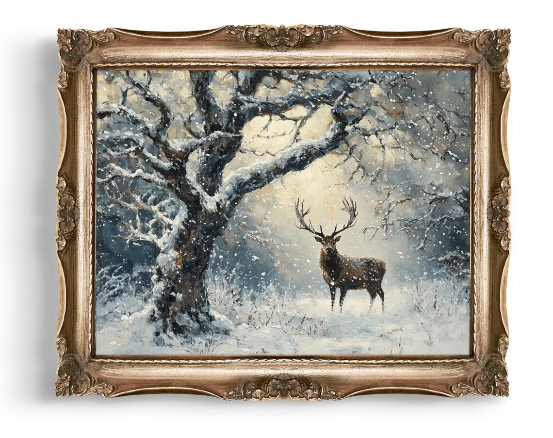 Majestic Winter Stag in a Snowy Forest Wonderland Oil Painting Poster