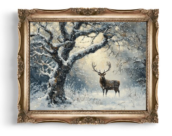 Majestic Winter Stag in a Snowy Forest Wonderland Oil Painting Poster