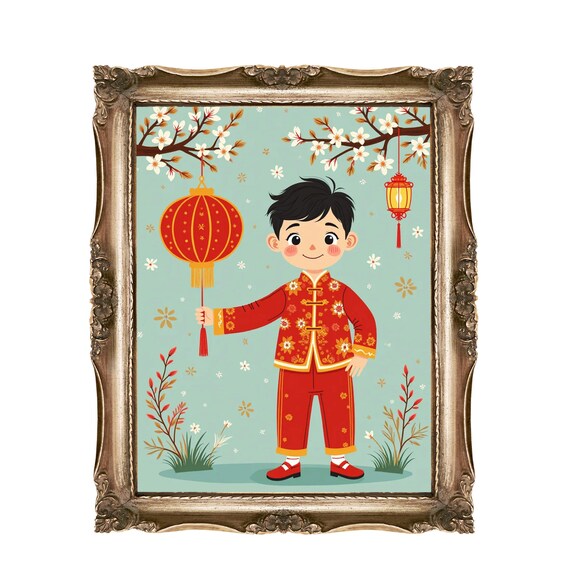 Chinese New Year Boy Lantern Red Outfit Festive Kids Room Poster