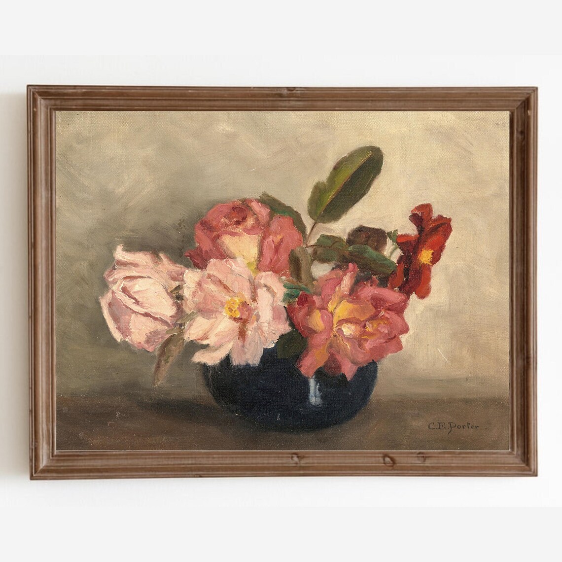 Vintage Rose Flower Still Life Art Print, Farmhouse