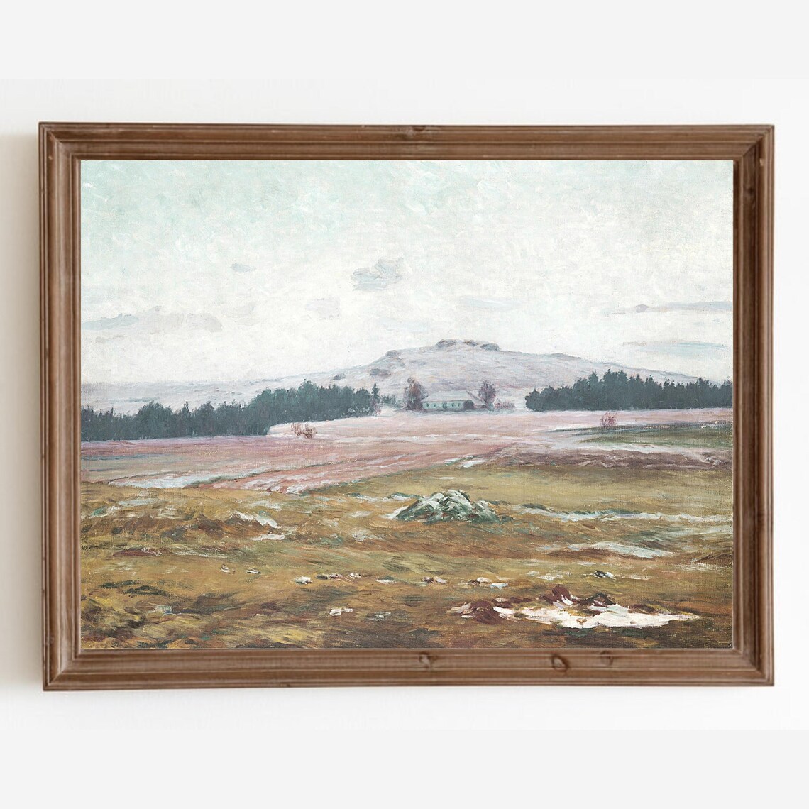 Snowy Field Farmhouse Vintage Winter Landscape Oil Painting Art Poster