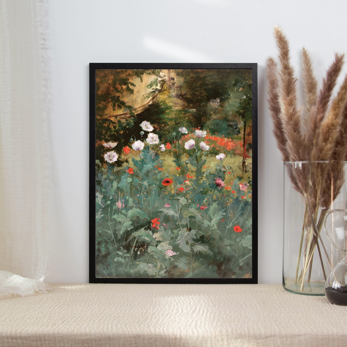 Poppy Flower Painting, Antique Meadow Landscape - Image 2