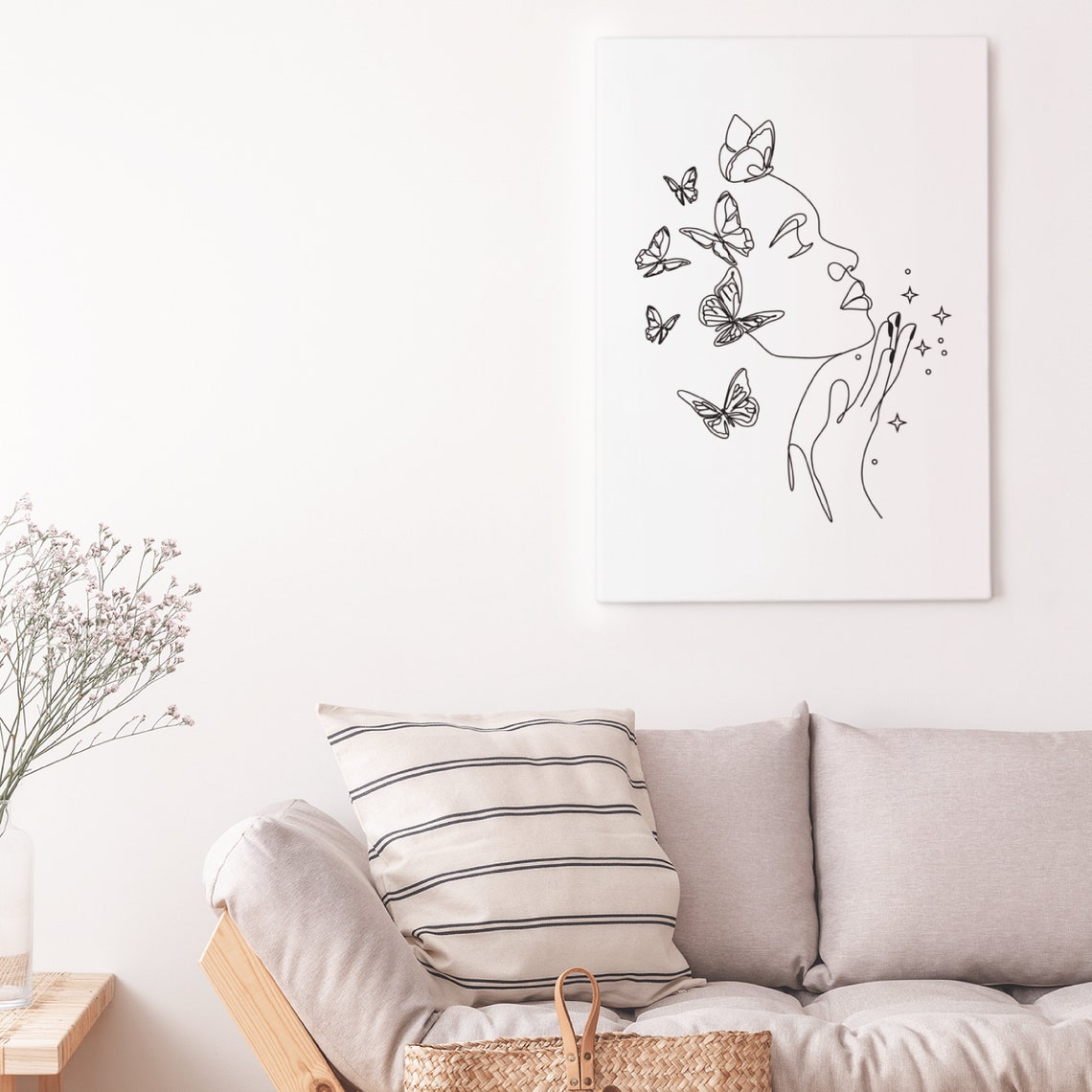Woman With Butterfly Line Art Print Female Wall Art Minimalist Decor Woman One Line Drawing Black And White Art Wall Art - Image 2