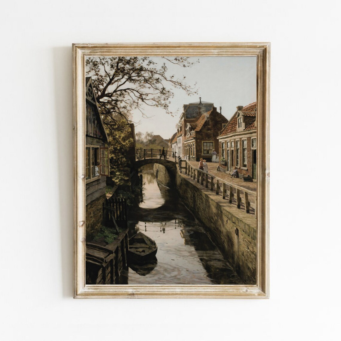 Vintage Cityscape Art Print, Antique Canal Village