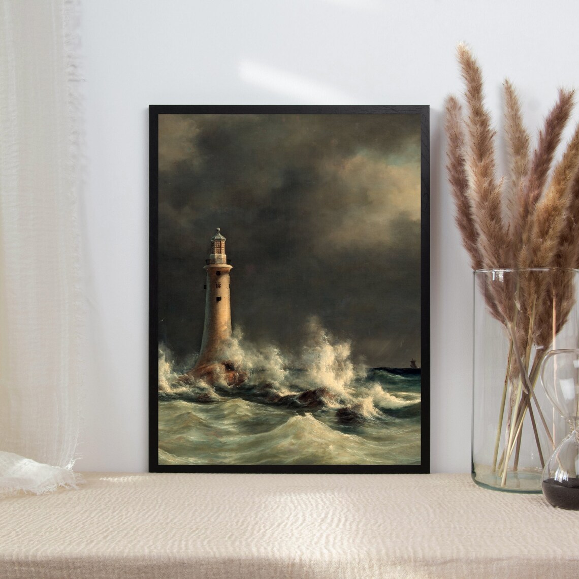 Vintage Seascape Lighthouse Art Print, Moody Nautical Decor - Image 2