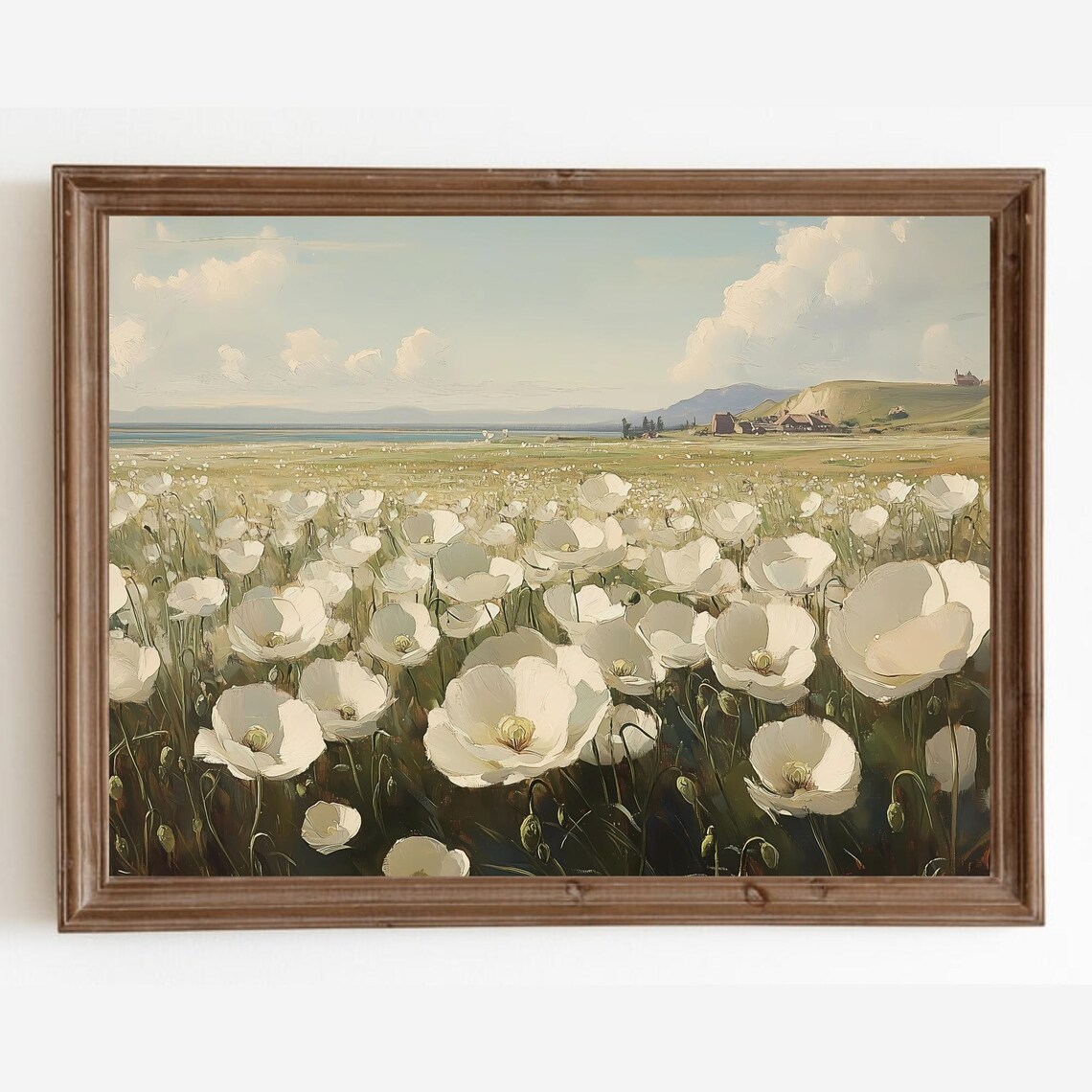 White Poppy Field By The Lake Vintage Floral Landscape Poster