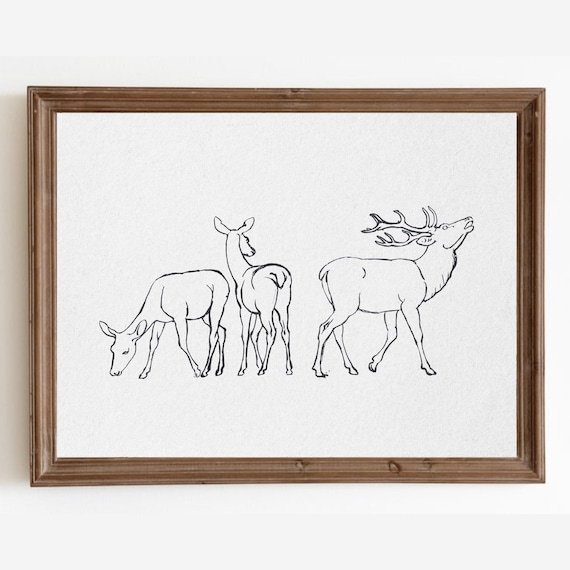 Deer Family Stag Doe Fawn Minimalist Line Drawing Wildlife Art Poster