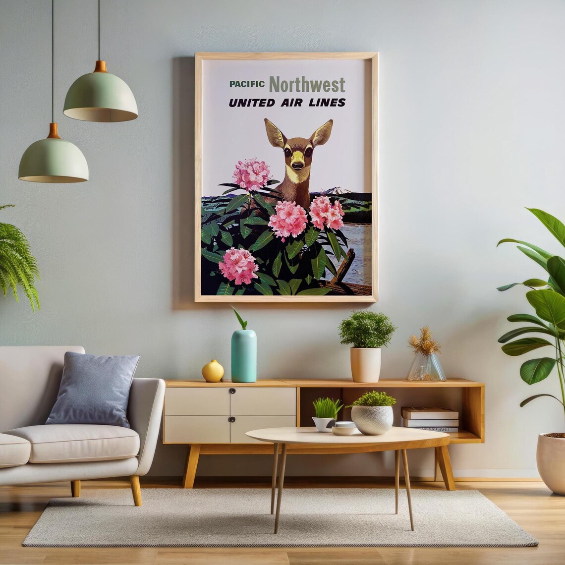 Pacific Northwest United Air Lines Deer And Flowers Travel Poster - Image 2