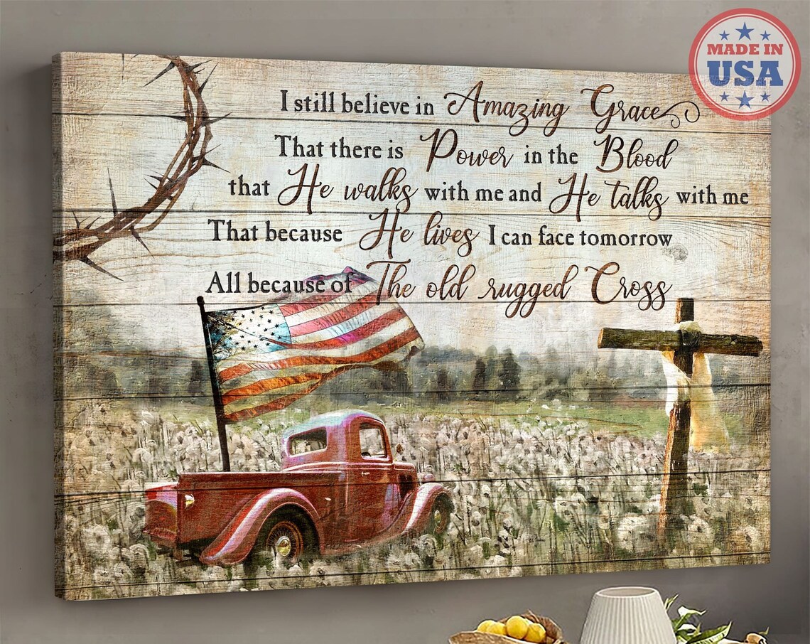 Amazing Grace Farmhouse Sign with Red Truck Flag and Wooden Cross Poster - Image 4