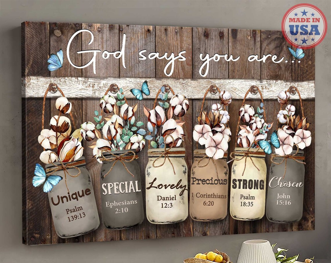 God Says You Are Mason Jars with Bible Verses Cotton Decor Poster