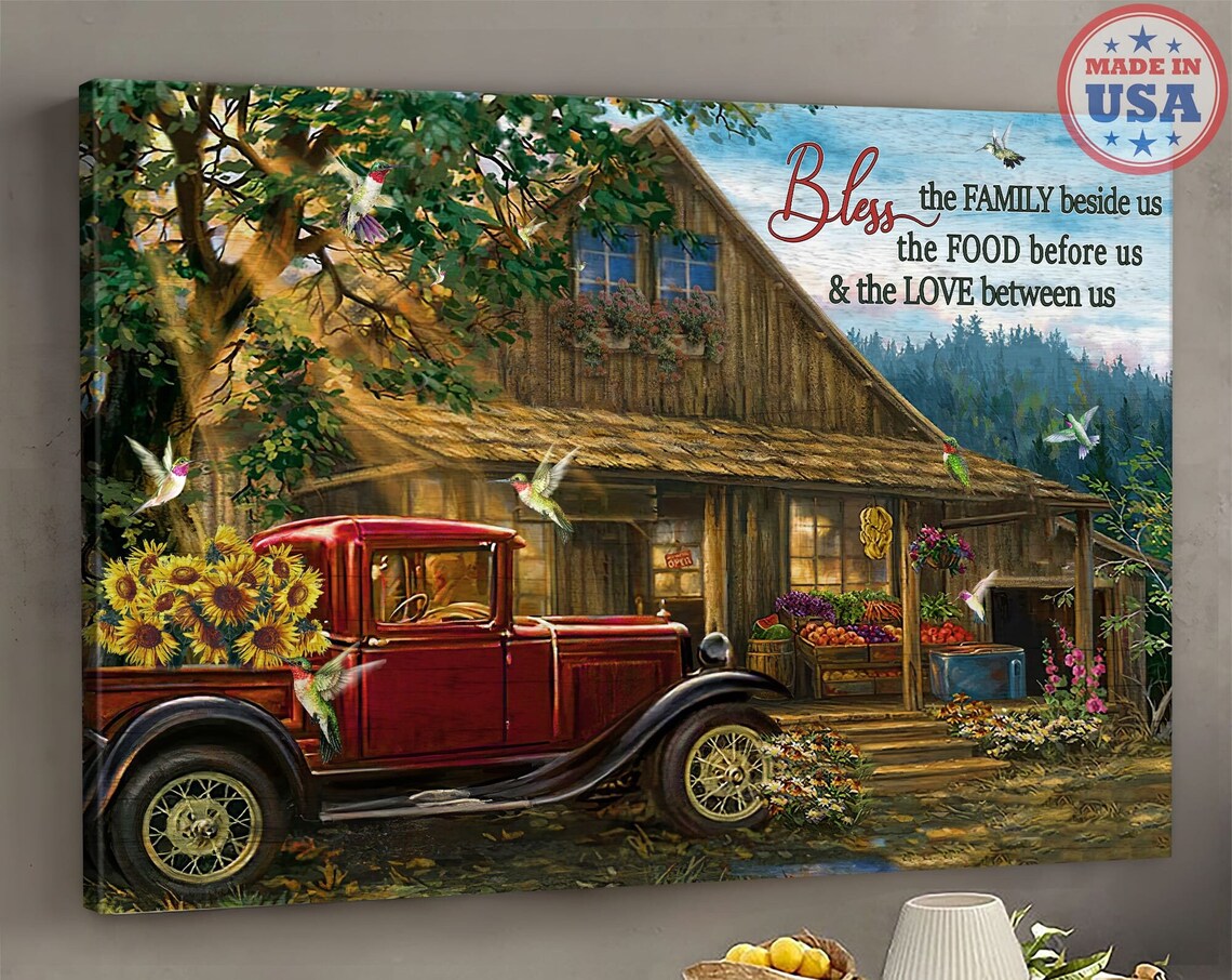 Bless the Family Beside Us Farmhouse Prayer with Red Truck Poster