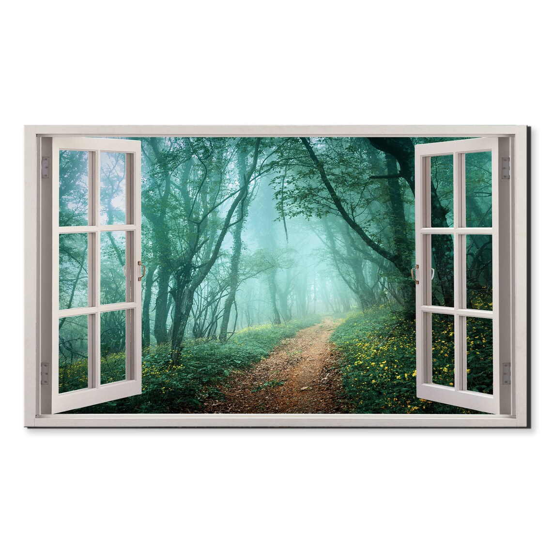 Path In The Misty Green Forest Window View Window Frame Style Modern Design Home Decor Print Wall Art Picture Ready To Hang