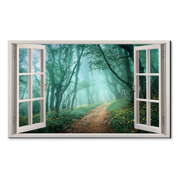 Path In The Misty Green Forest Window View Window Frame Style Modern Design Home Decor Print Wall Art Picture Ready To Hang