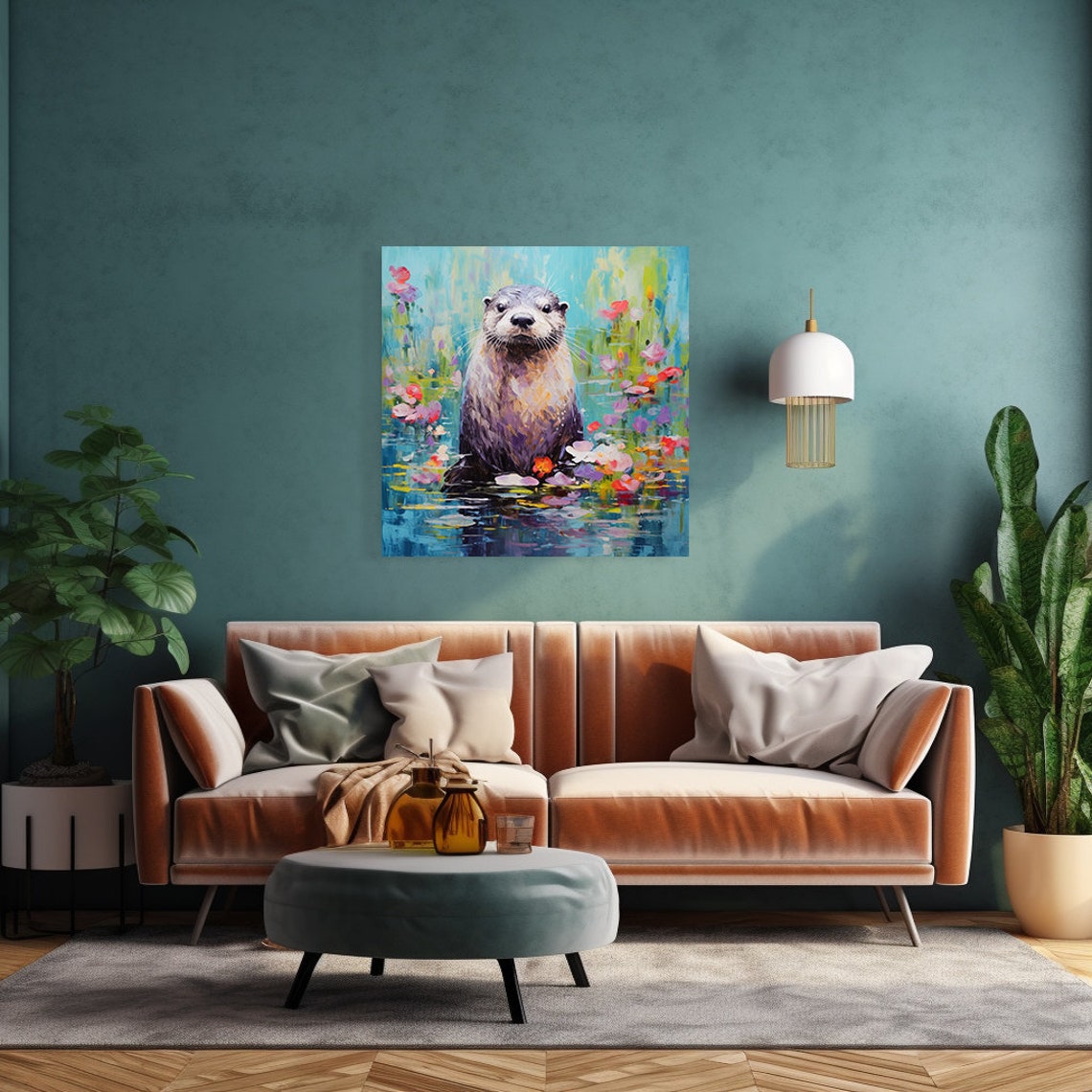 Cute Otter Among Floating Flowers Turquoise Water Painting Poster - Image 3