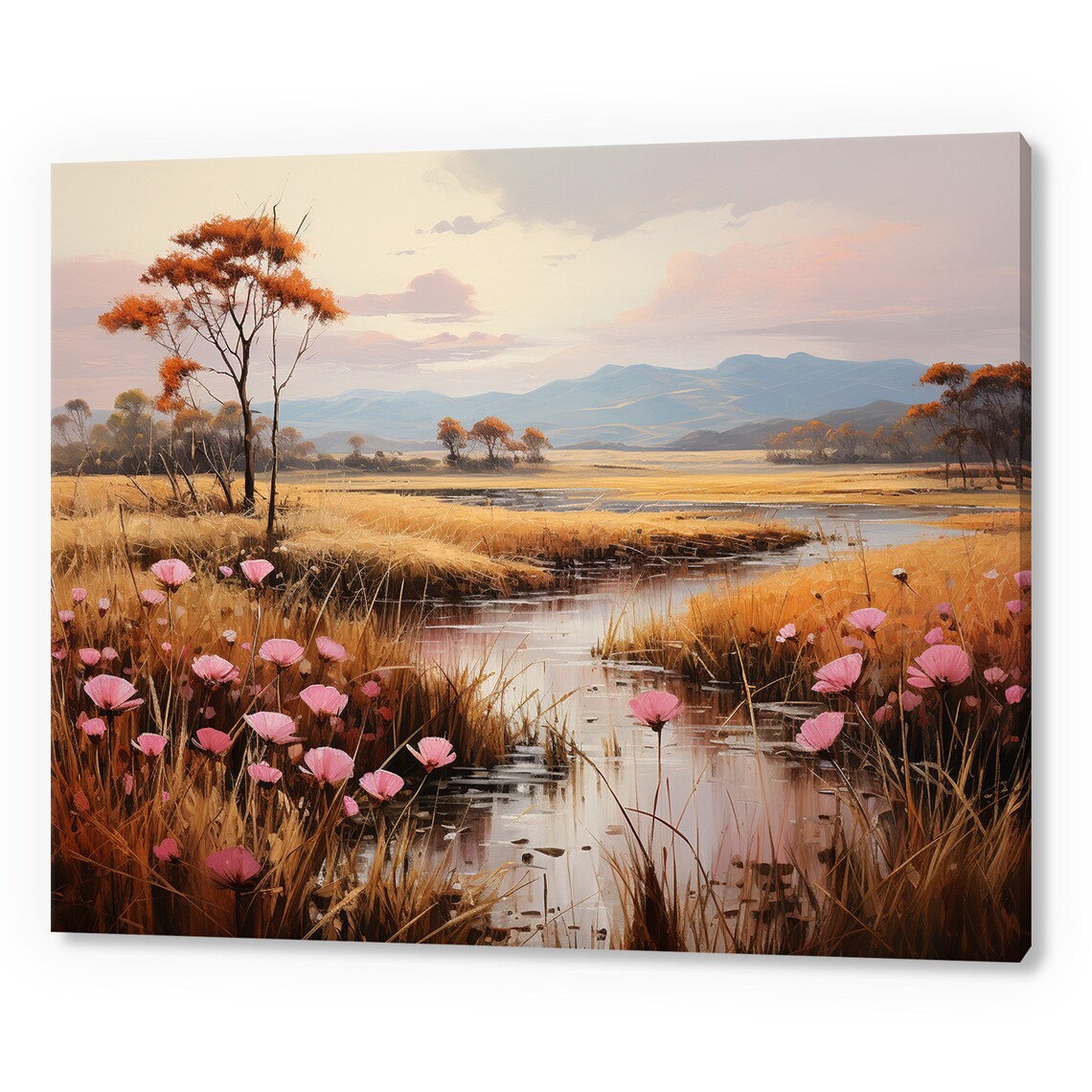 Pink Cosmos By Autumn River Golden Marsh Sunset Landscape Poster