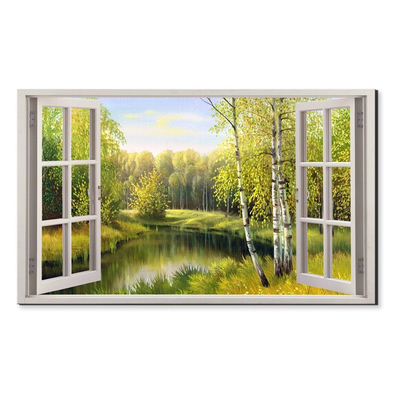 Beautiful River In The Birch Forest Window View Window Frame Style Modern Design Home Decor Print Wall Art Picture Ready To Hang