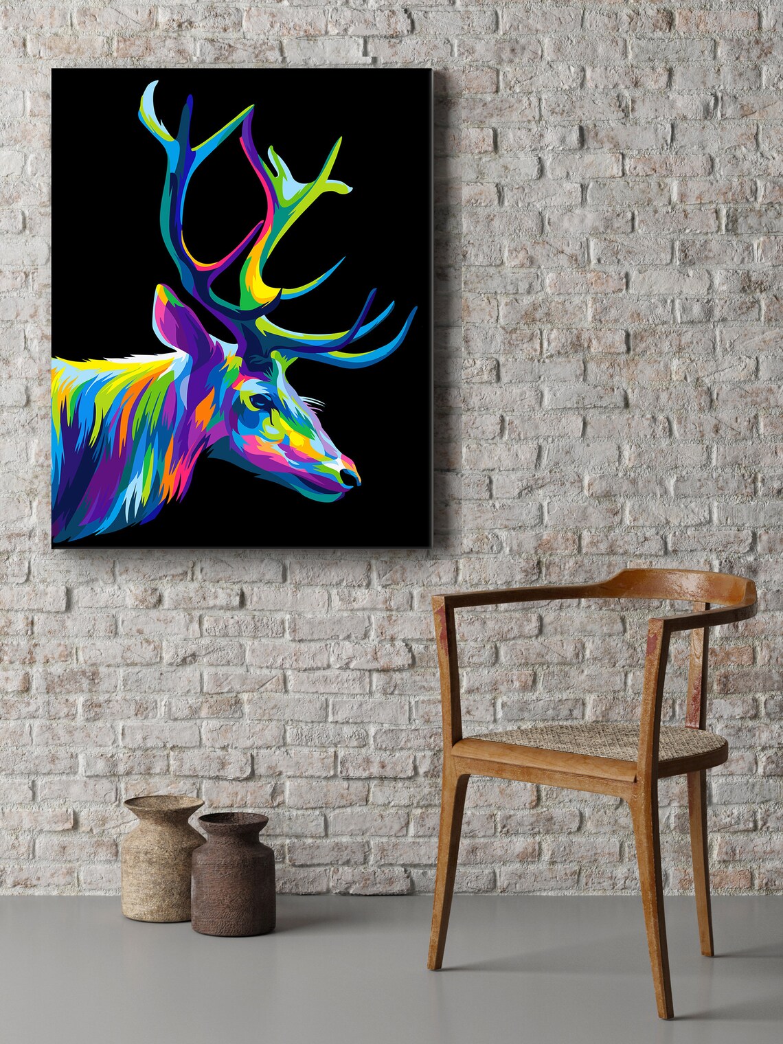 Colourful Stag Deer Pop Art Rainbow Antlers Profile Black Background Poster - Image 2
