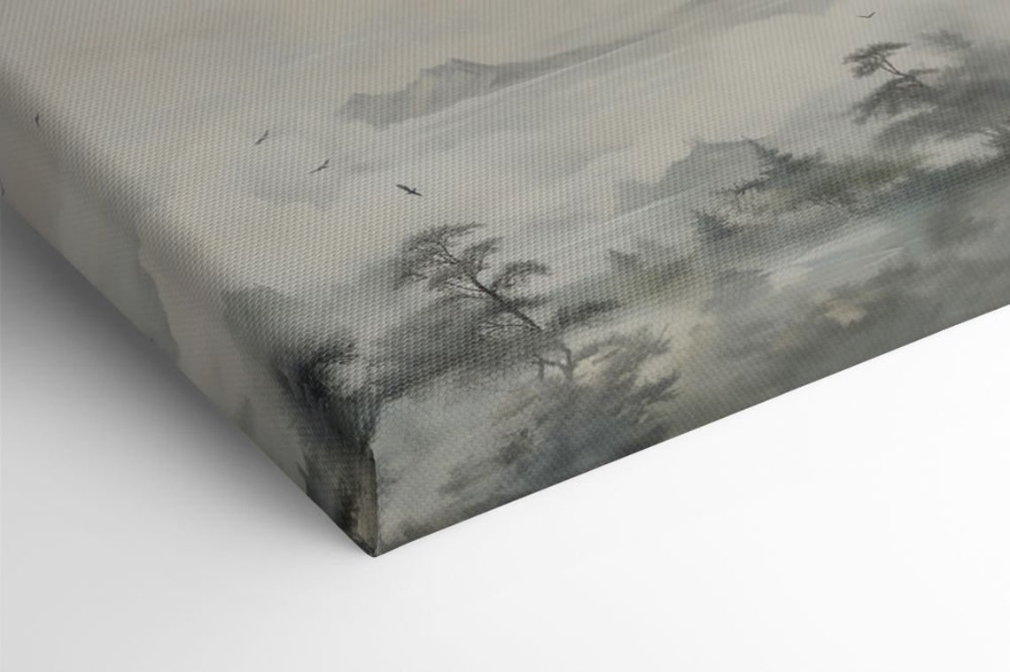 Misty Ink Mountains With Birds And Pine Trees Asian Landscape Poster - Image 2