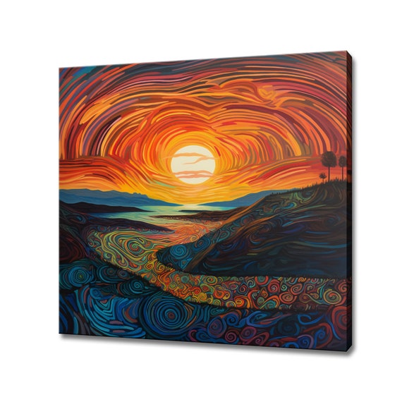 Abstract Psychedelic Sunset Painting Style Print Colourful Fantasy Retro Design Landscape Print Surreal Sunset Abstract Wall Art