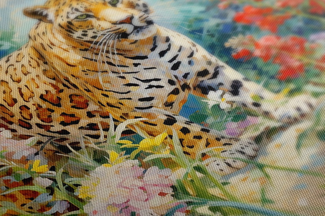 Leopard Jungle Wildflowers Standing Portrait Colourful Art Print - Image 4
