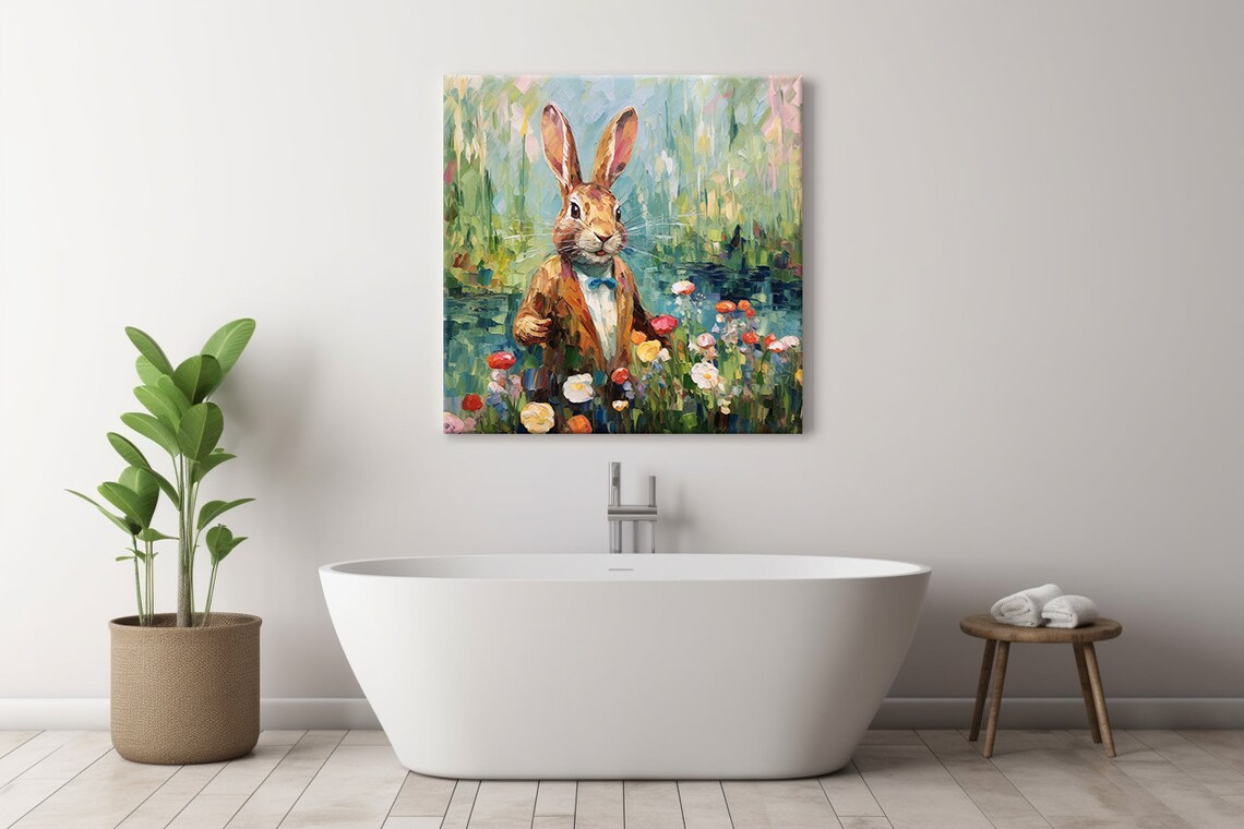 Rabbit Gentleman In Jacket Bow Tie Garden Flowers Painting Poster - Image 3