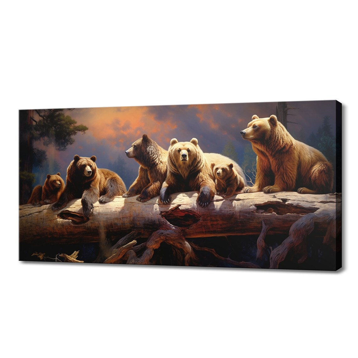 Brown Bear Family Resting Fallen Log Sunset Painted Forest Wildlife Poster