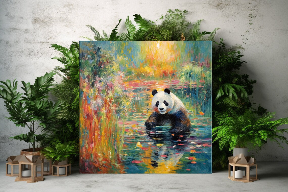 Giant Panda Bathing Among Autumn Leaves Monet Style Painting Poster - Image 2