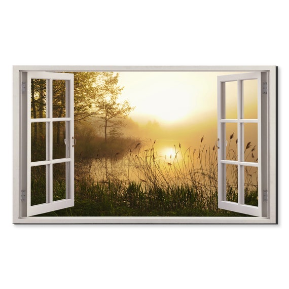 Foggy Landscape Lake At Sunset Window View Window Frame Style Modern Design Home Decor Print Wall Art Picture Ready To Hang