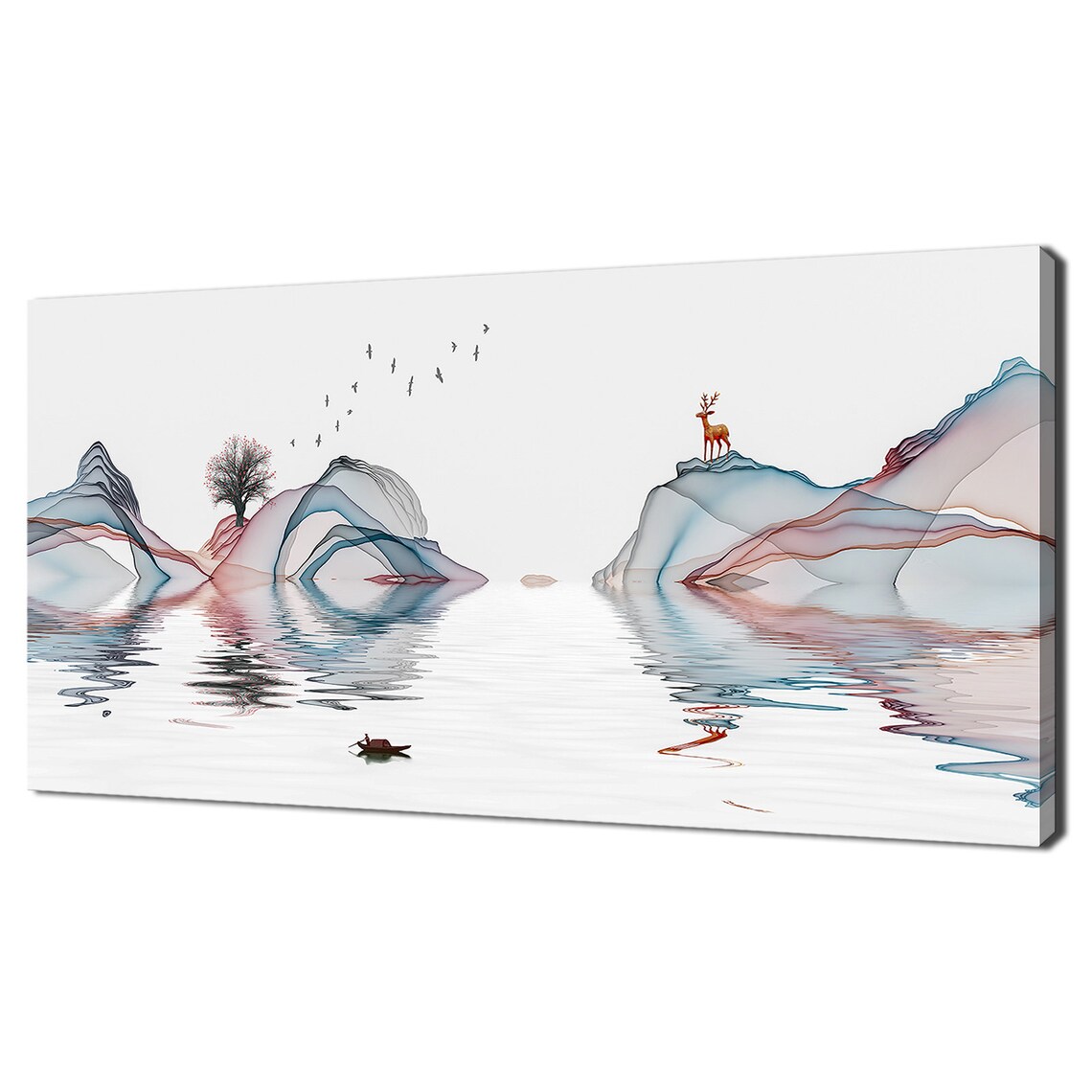 Minimalist Ink Lake Mountains Deer Birds Watercolor Landscape Wall Art