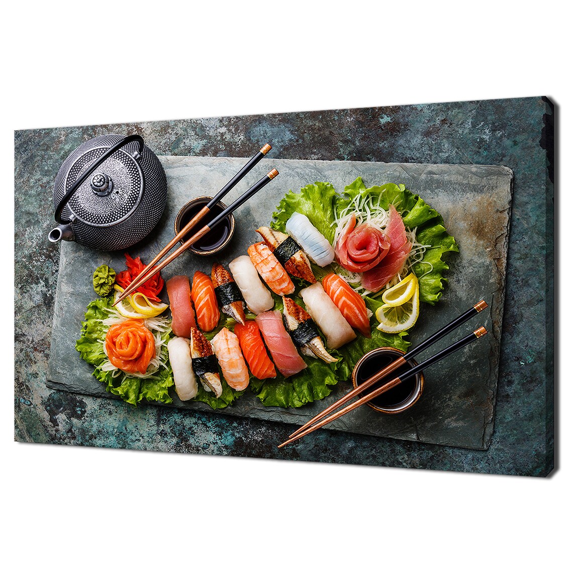 Sushi Set Nigiri And Sashimi With Tea, Kitchen Decor Print