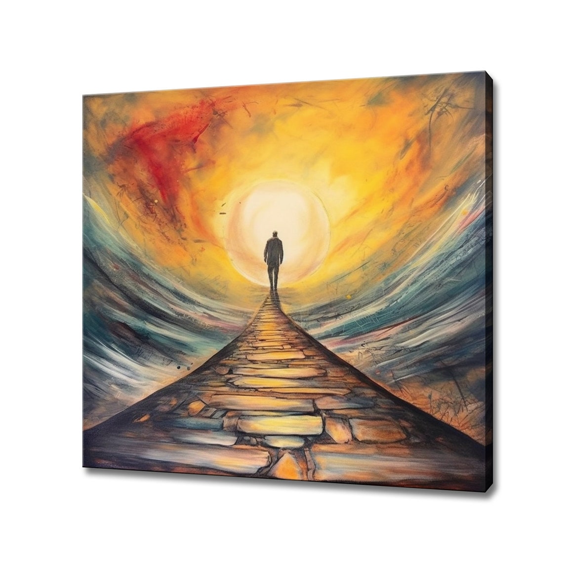 Man Walking Stone Path Into Blazing Sun Surreal Storm Sky Poster