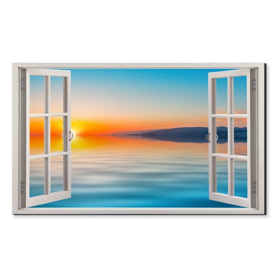 Orange Sunset Over The Lake Mountains Window View Window Frame Style Modern Design Home Decor Print Wall Art Picture Ready To Hang