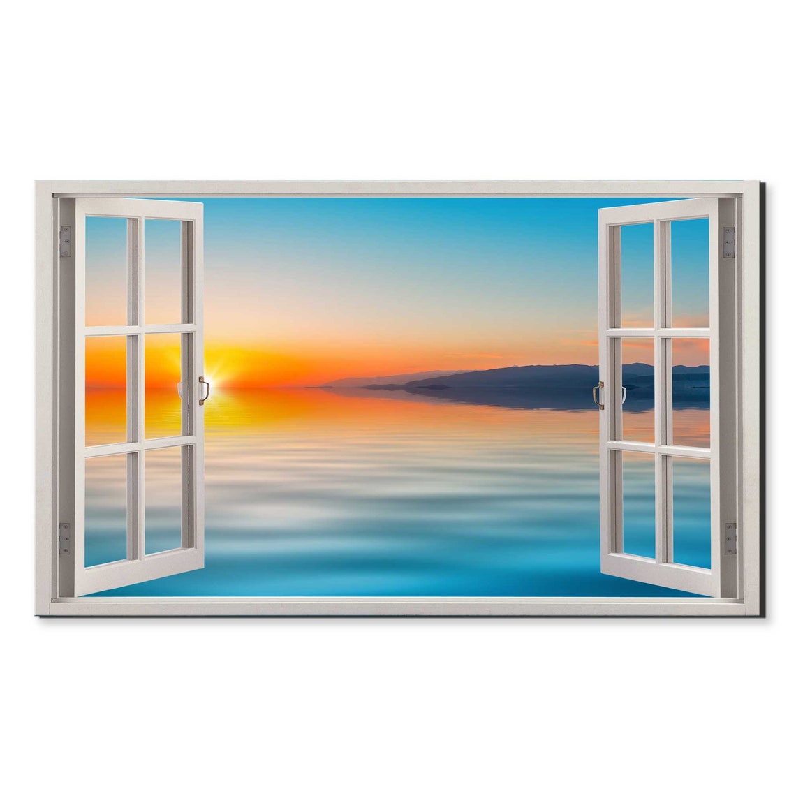Orange Sunset Over The Lake Mountains Window View Window Frame Style Modern Design Home Decor Print Wall Art Picture Ready To Hang
