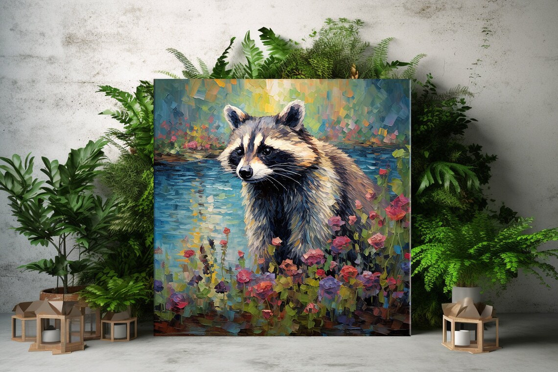 Raccoon By The Lake Among Wildflowers Colorful Portrait Painting Poster - Image 2