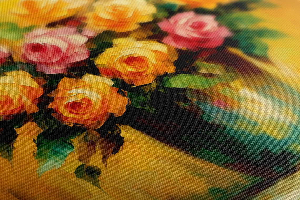 Yellow Pink Bouquet Of Roses Flowers Oil Painting Style Print Wall Art Modern Floral Design Home Decor Botanical Flowers Wall Art - Image 3