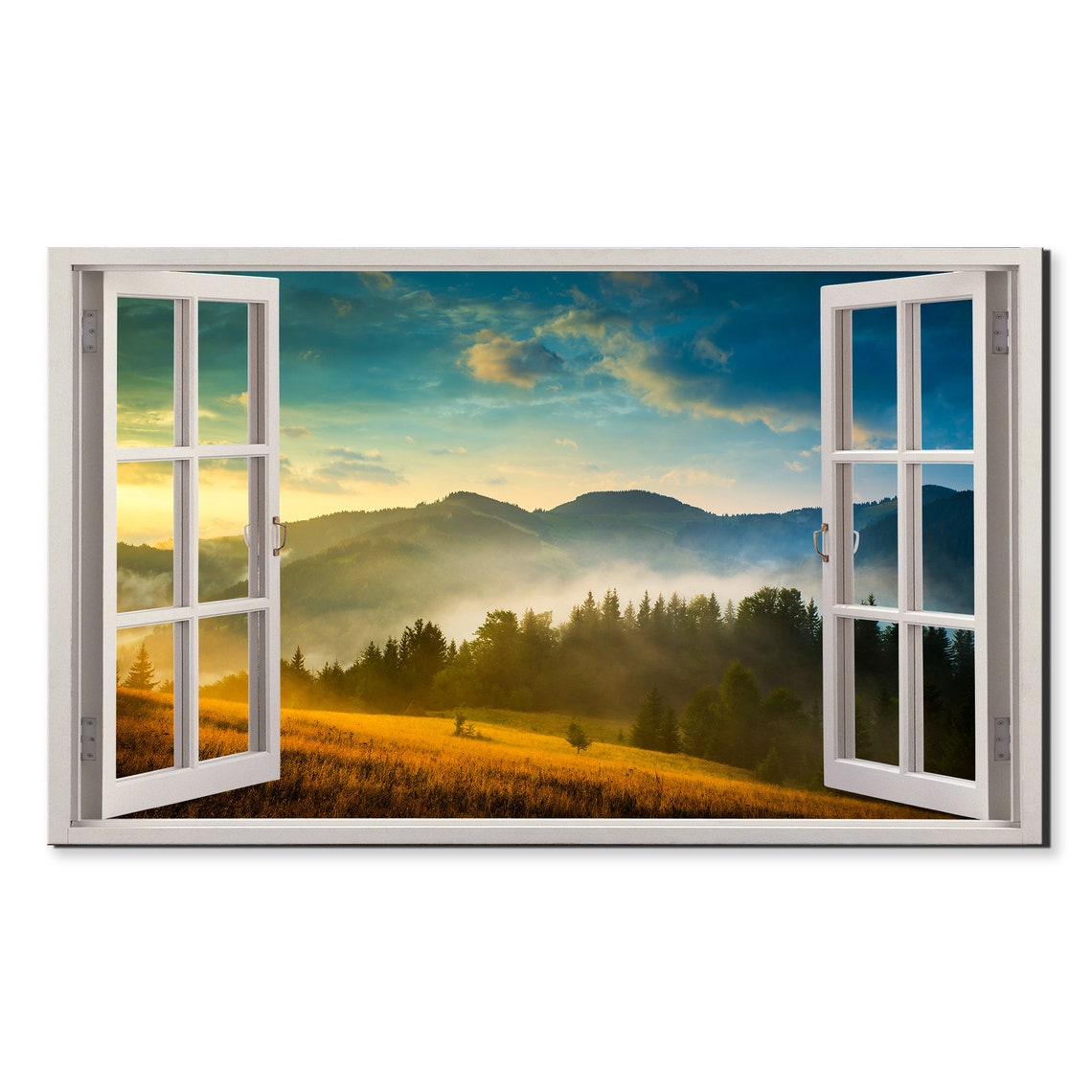 Sunset Over Mountains Lake Window View Window Frame Style Modern Design Home Decor Print Wall Art Picture Ready To Hang