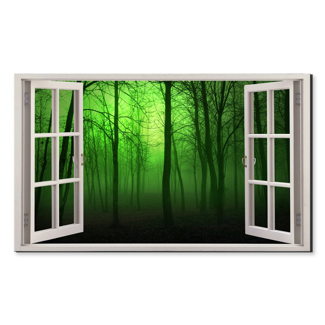 Green Foggy Forest Window View Open White Frame Nature Wall Art Poster