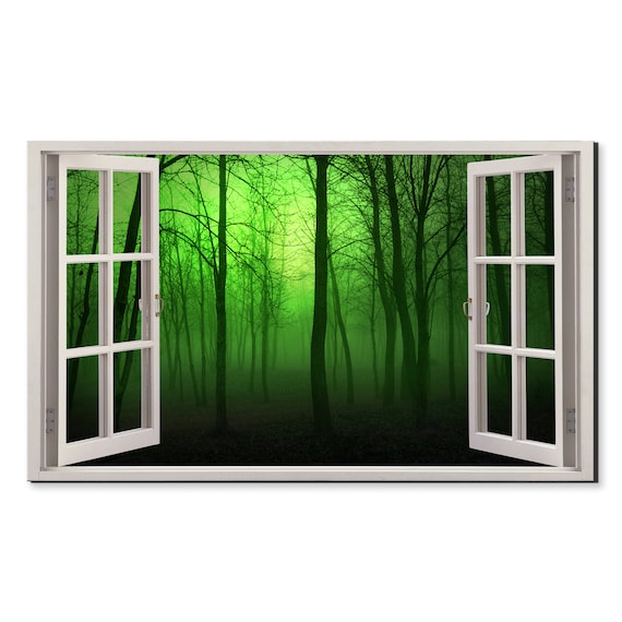 Green Foggy Woods Forest Trees Window View Window Frame Style Modern Design Home Decor Print Wall Art Picture Ready To Hang