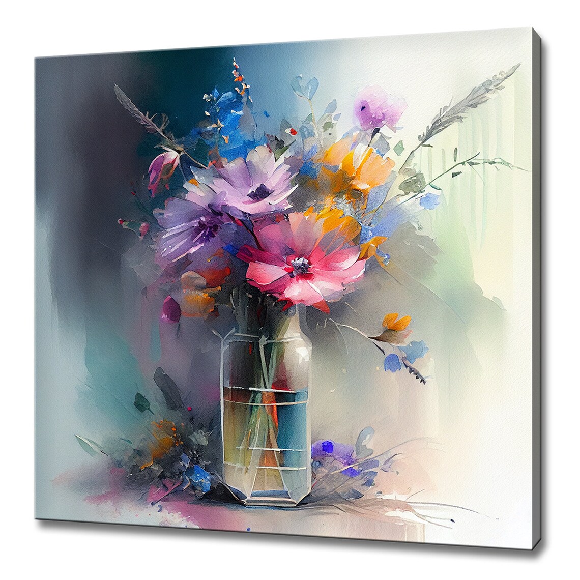 Pastel Wildflower Bouquet Glass Jar Watercolor Soft Floral Wall Art