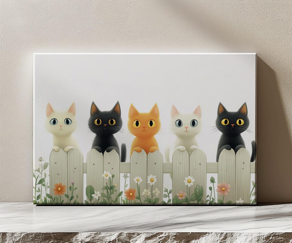 Five Cute Cats Peeking Over White Picket Fence Whimsical Kids Art Print - Image 3